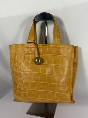 4288: Furla Croc Embossed Genuine Leather Tote Bag Mustard Yellow